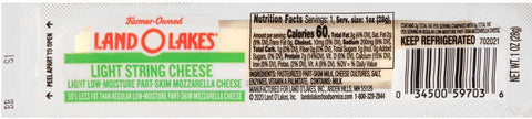 Land O Lakes Light Mozzarella String Cheese Portion, 1 Ounce -- 168 per case.