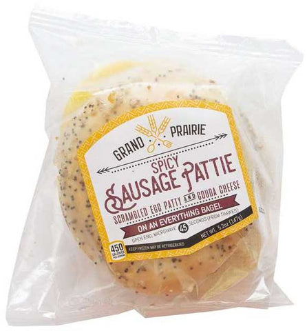 Grand Prairie Foods Spicy Sausage Egg and Cheese on Everything Bagel, 5.25 Ounce -- 24 per case.