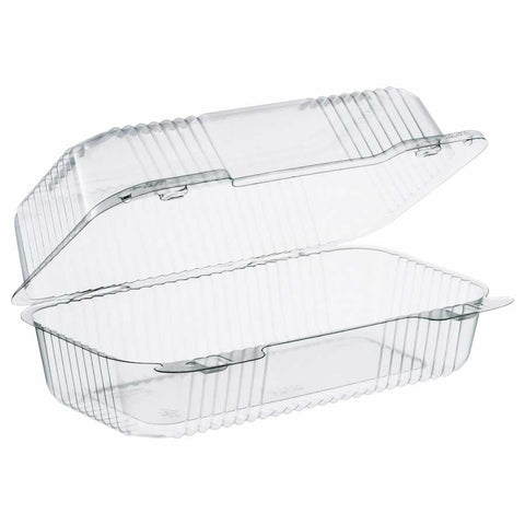 Dart Container Oriented Polystyrene Medium Clear Oblong Hinged Barlock Container with Dome Lid, 9 inch -- 250 per case