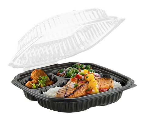 Culinary Lites™ CONTAINER PLASTIC HINGED BLACK BASE CLEAR LID 3-COMPARTMENT 10.5X9.5