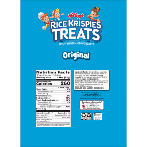 Kelloggs Rice Krispies Treats Original Crispy Marshmallow Squares, 2.2 Ounce -- 72 per case