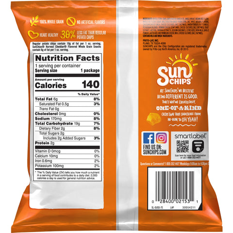 Sunchips Cheddar Whole Grain Snacks, 1 Ounce -- 104 per case.