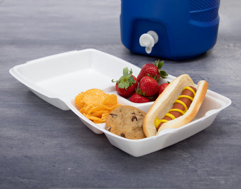 Dart Extruded Polystyrene Medium White Three Compartment Insulated Foam Container, 8.4 x 8 x 3.2 inch -- 200 per case