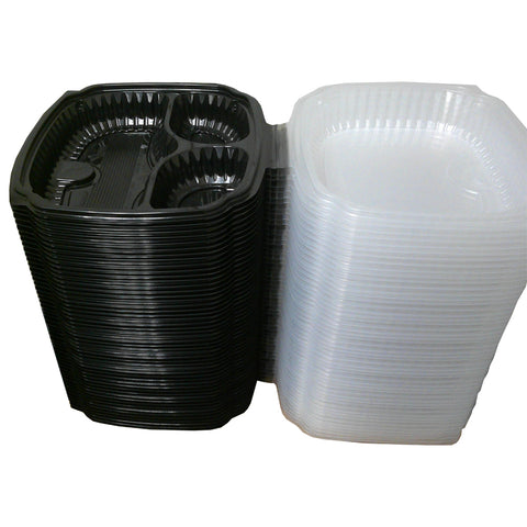 Culinary Lites™ CONTAINER PLASTIC HINGED BLACK BASE CLEAR LID 3-COMPARTMENT 10.5X9.5