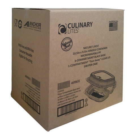 Culinary Lites™ CONTAINER PLASTIC HINGED BLACK BASE CLEAR LID 3-COMPARTMENT 10.5X9.5