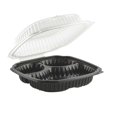 Culinary Lites™ CONTAINER PLASTIC HINGED BLACK BASE CLEAR LID 3-COMPARTMENT 10.5X9.5