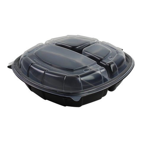 Sabert CONTAINER PLASTIC HINGED 3-COMPARTMENT BLACK/CLEAR 10X10